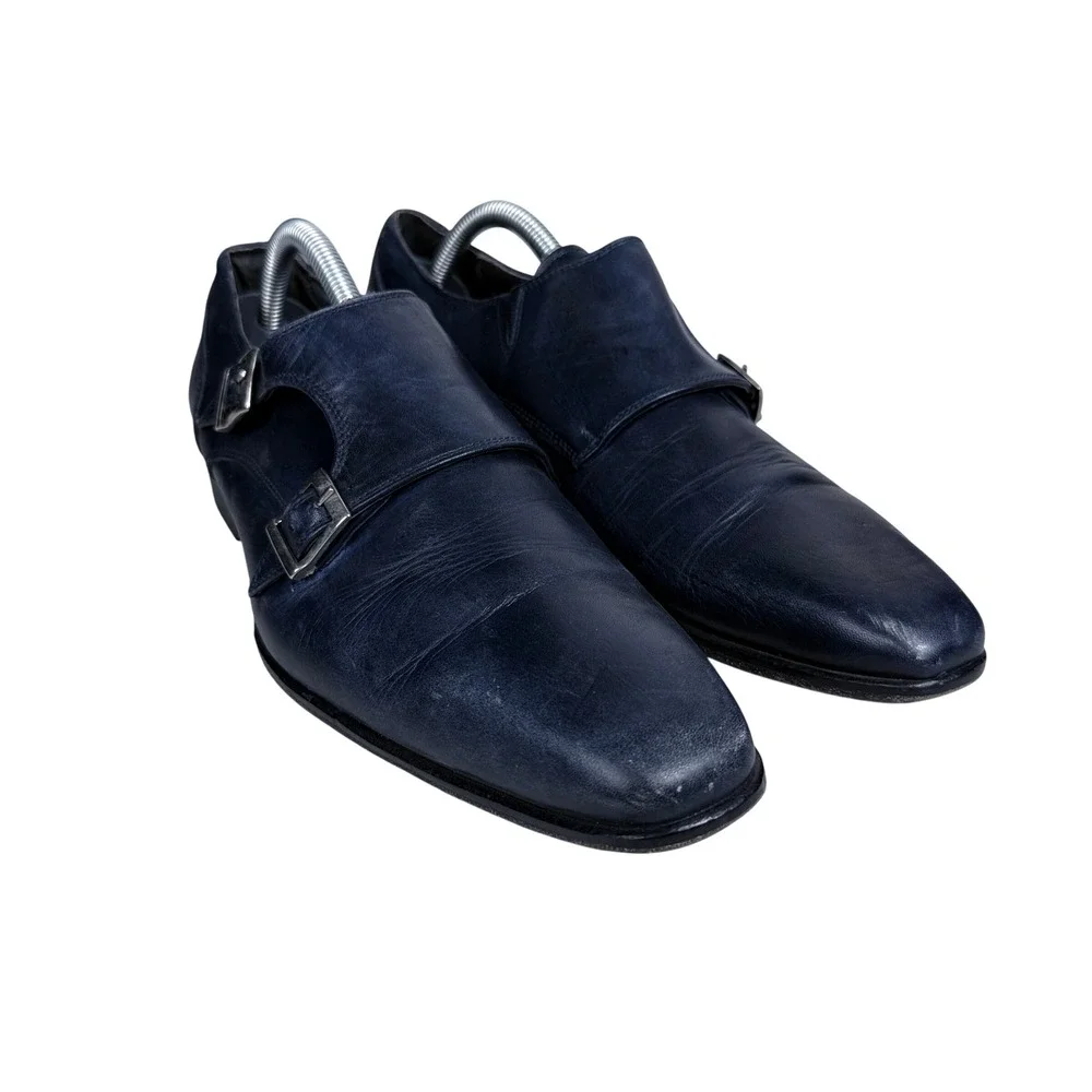 Thompson Double Monk Strap Shoes Mens 42 Navy Blue Leather Blake Italy 6713